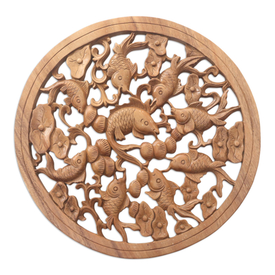 Hand Crafted Suar Wood Fish-Motif Relief Panel