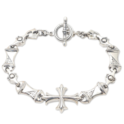 Men's sterling silver link bracelet, 'Blind Faith' - Men's Sterling Silver Bracelet with Cross Motif
