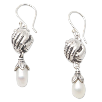 Cultured pearl dangle earrings, 'Open Harmony' - Cultured Pearl and Sterling Silver Dangle Earrings