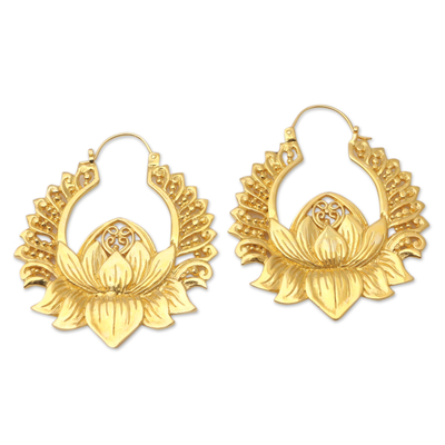 Gold-plated hoop earrings, 'Sacred Florals' - Gold-Plated Brass Lotus Flower Hoop Earrings