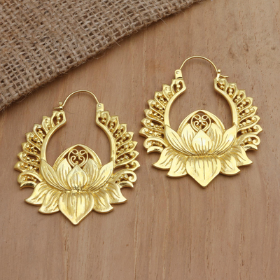 Pendientes aro bañados en oro - Aros flor de loto de latón con baño de oro