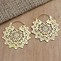 Gold-plated hoop earrings, 'Healing Mandala' - Gold-Plated Brass Mandala Hoop Earrings