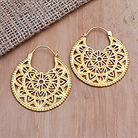Gold-plated hoop earrings, 'Spinning Mind' - Hand Crafted Gold-Plated Brass Hoop Earrings