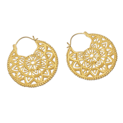 Gold-plated hoop earrings, 'Spinning Mind' - Hand Crafted Gold-Plated Brass Hoop Earrings