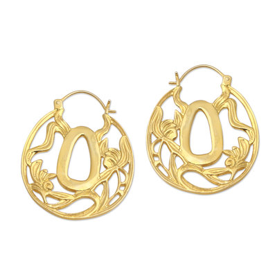 Gold-plated hoop earrings, 'Budding Circle' - Gold-Plated Balinese Leaf-Motif Hoop Earrings