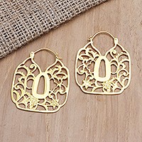 Gold-plated hoop earrings, 'Kingdom Gates' - Handmade Gold-Plated Leaf-Motif Hoop Earrings