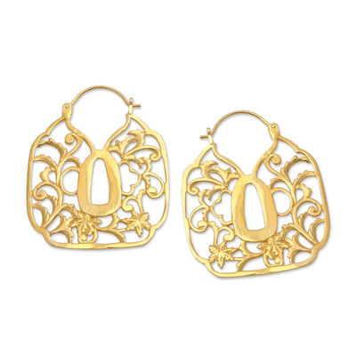 Gold-plated hoop earrings, 'Kingdom Gates' - Handmade Gold-Plated Leaf-Motif Hoop Earrings
