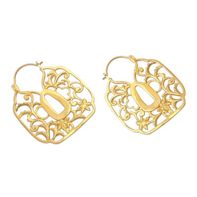 Gold-plated hoop earrings, 'Kingdom Gates' - Handmade Gold-Plated Leaf-Motif Hoop Earrings