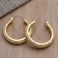 Gold-plated hoop earrings, 'Admiring Beauty' - Artisan Crafted Gold-Plated Hoop Earrings from Bali