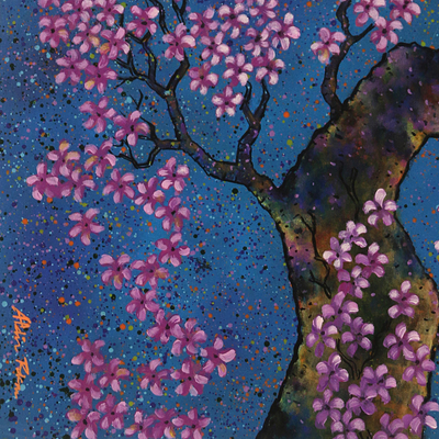 'Giving the Best' - Pintura acrílica de árboles en flor sobre lienzo