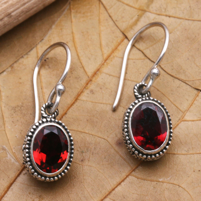 Garnet dangle earrings, 'Soft Music in Red' - Handcrafted Sterling Silver and Garnet Dangle Earrings