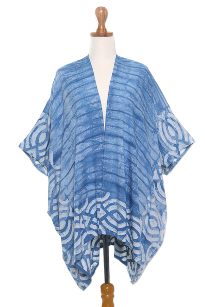Batik cotton kimono jacket, 'Big Blue Eyes' - Hand-Stamped Batik Cotton Kimono Jacket