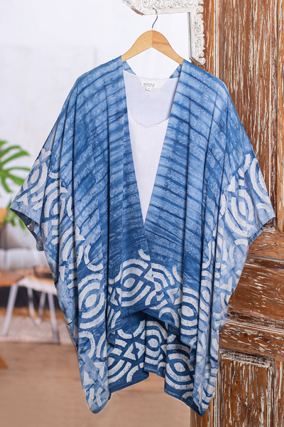 Batik cotton kimono jacket, 'Big Blue Eyes' - Hand-Stamped Batik Cotton Kimono Jacket