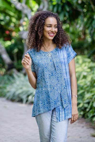 Hand-stamped cotton blouse, Asymmetric Ocean