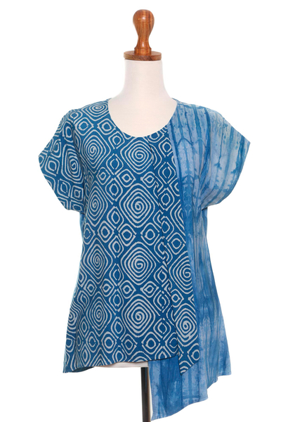 Hand-stamped cotton blouse, 'Asymmetric Ocean' - Asymmetric Tie-Dye Cotton Blouse