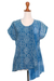 Hand-stamped cotton blouse, 'Asymmetric Ocean' - Asymmetric Tie-Dye Cotton Blouse (image 2a) thumbail