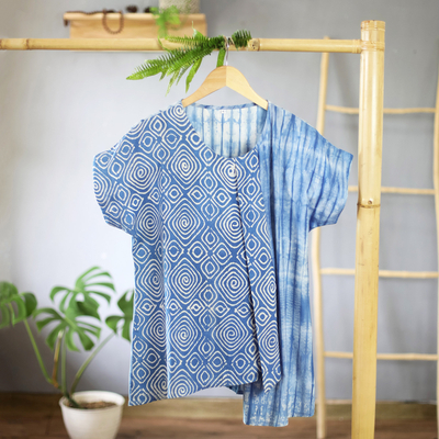 Handgestempelte Baumwollbluse - Asymmetrische Bluse aus Batik-Baumwolle