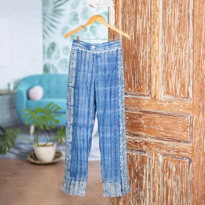 Cotton batik pants, 'Lake Spiral' - Hand-Stamped Cotton Batik Pants from Bali