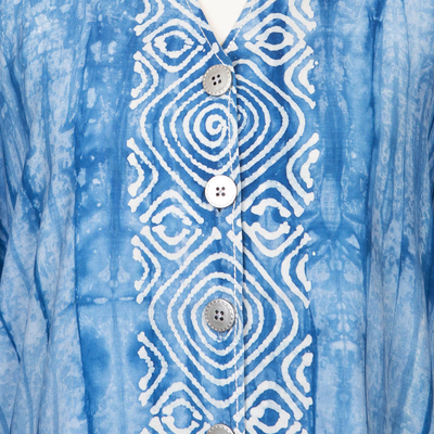 Hand-stamped cotton blouse, 'Ocean Spiral' - Hand-Stamped Cotton Blouse from Java