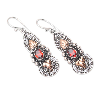 Gold-accented garnet earrings, 'Red Cocoon' - Gold-Accented Sterling Silver and Garnet Dangle Earrings