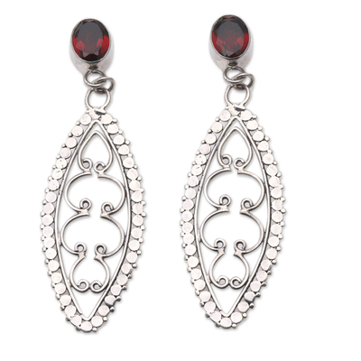 Garnet dangle earrings, 'Lanceolate Leaf' - Garnet and Sterling Silver Dangle Earrings from Bali
