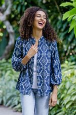 Cotton jacket, 'Ocean Flowers' - Woven Cotton Button-Up Jacket from Java