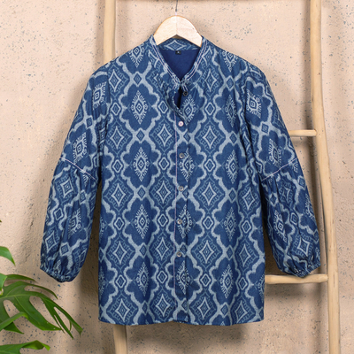 Denim shirt jacket, 'Brocade Flowers' - Woven Cotton Button-Up Shirt Jacket from Java