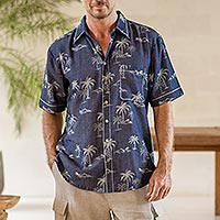 Men's Palm Tree-Patterned Cotton Shirt,'Tropical Vacation'