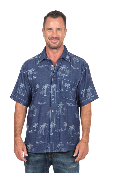 Men's cotton shirt, 'Tropical Vacation' - Men's Palm Tree-Patterned Cotton Shirt