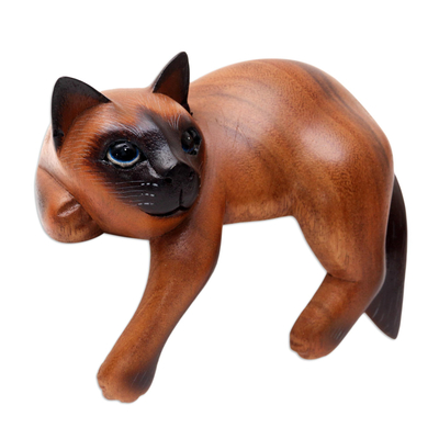 estatuilla de madera - Estatuilla de gato siamés de chocolate de madera tallada a mano