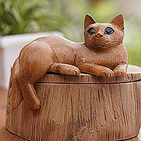 Wood statuette, 'From a Dream' - Artisan Crafted Suar Wood Cat Statuette