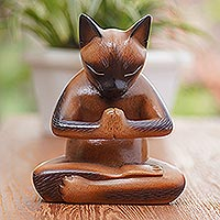 Wood statuette, 'Devout Feline' - Hand Crafted Suar Wood Cat Statuette