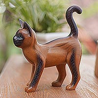 Wood statuette, 'Looking for Friends' - Hand Made Suar Wood Cat Statuette