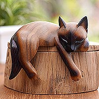 Wood statuette, 'Sleeping Feline' - Sleeping Siamese Suar Wood Cat Statuette