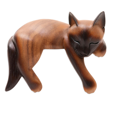 Sleeping Siamese Suar Wood Cat Statuette
