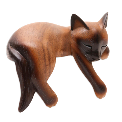 estatuilla de madera - Estatuilla de gato siamés de madera de suar durmiendo