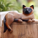 Wood statuette, 'Overthinking Cat' - Signed Suar Wood Cat Statuette from Bali