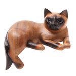 Wood statuette, 'Overthinking Cat' - Signed Suar Wood Cat Statuette from Bali