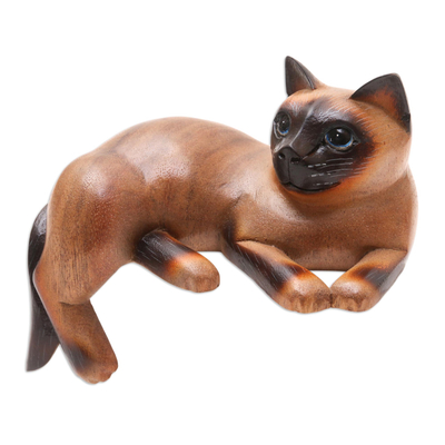 Wood statuette, 'Overthinking Cat' - Signed Suar Wood Cat Statuette from Bali