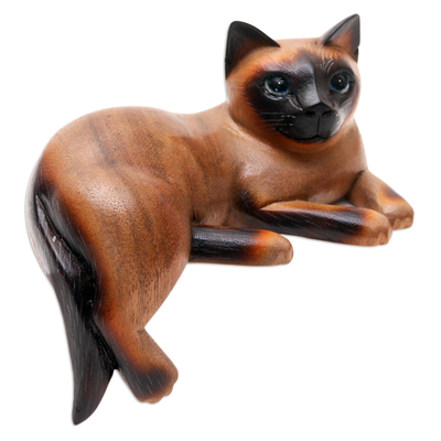 Wood statuette, 'Overthinking Cat' - Signed Suar Wood Cat Statuette from Bali