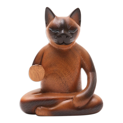 Wood statuette, 'Cat Kindness' - Handmade Suar Wood Cat Statuette from Bali