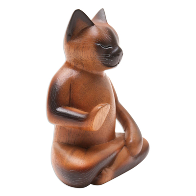 Wood statuette, 'Cat Kindness' - Handmade Suar Wood Cat Statuette from Bali