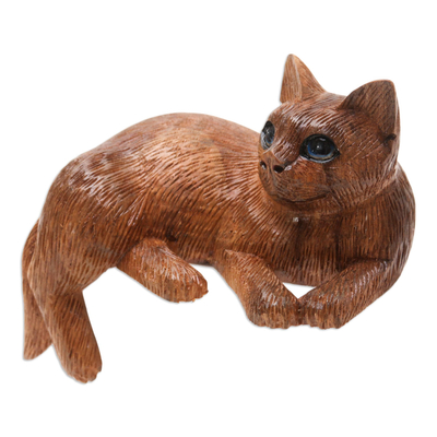 Wood statuette, 'Outdoor Cat' - Artisan Made Suar Wood Cat Statuette
