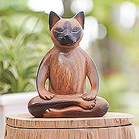 Wood statuette, 'Peaceful Cat' - Handcrafted Suar Wood Cat Statuette