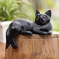 Wood statuette, 'Dreamy Cat' - Black Suar Wood Cat Statuette from Bali