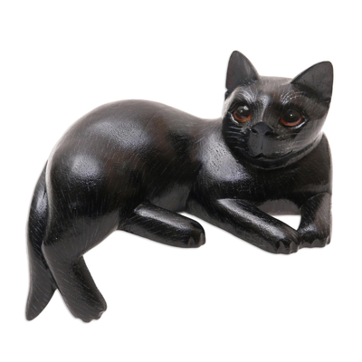 Wood statuette, 'Dreamy Cat' - Black Suar Wood Cat Statuette from Bali