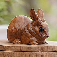 Wood statuette, 'Chubby Bunny' - Hand Carved Suar Wood Bunny Statuette