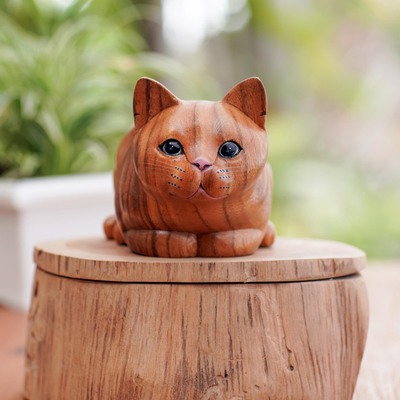Holzstatuette - Handbemalte Katzenstatuette aus Suarholz