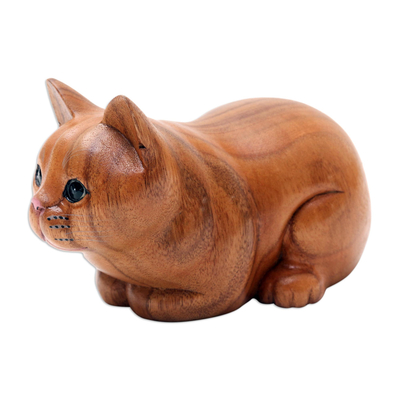 Wood statuette, 'Lazy Cat' - Hand Painted Suar Wood Cat Statuette