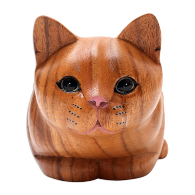 estatuilla de madera - Estatuilla de gato de madera de suar pintada a mano
